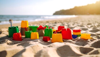 Colorful sandcastle toys on a beach