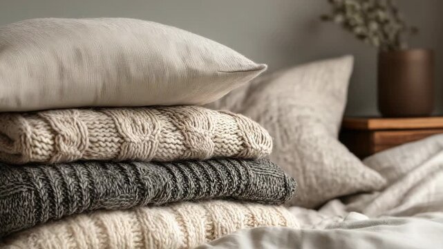 Cozy atmosphere with stacked knitted sweaters and soft pillows in a warm bedroom setting