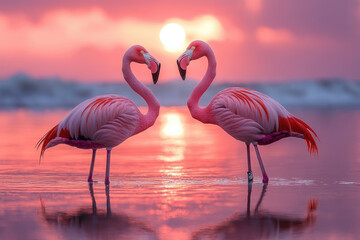 Fototapeta premium flamingos standing gracefully in the water at sunset.