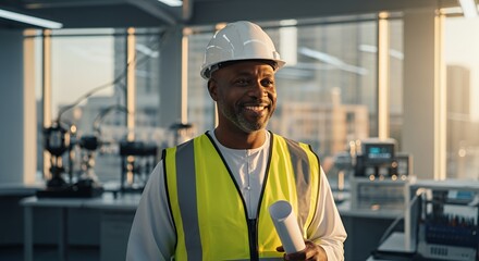 Smiling Engineer Holding Blueprints in a Modern Factory