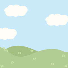 a cartoon landscape with clouds and grass