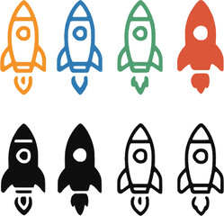 multicolor and black rocket icons with different styles and outlines
