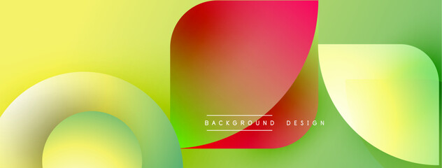 Abstract vibrant gradients. Fluid shapes overlap, creating dynamic visual effect. Yellow, green, red hues dominate composition. Modern design element.