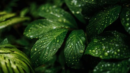 Close-Up of Rain-Drenched Green Leaves with Water Droplets in Lush Tropical Environment for Nature Photography