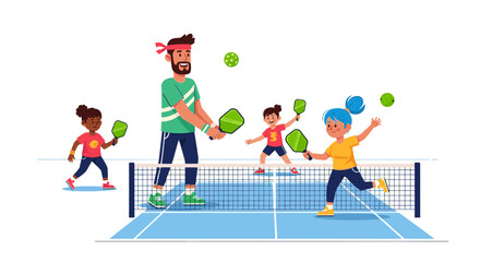 Fototapeta premium Cartoon Family Playing Pickleball on Court Illustration