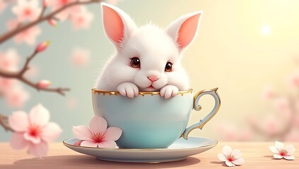 A small fluffy bunny snugly sitting inside a large pastel teacup with cherry blossoms scattered around. Sunny background with shallow depth of field.

