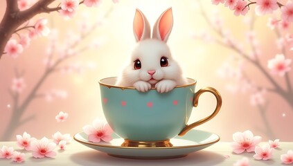 A small fluffy bunny snugly sitting inside a large pastel teacup with cherry blossoms scattered around. Sunny background with shallow depth of field.

