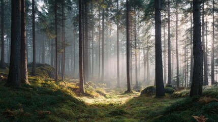 Naklejka premium Serene Misty Forest Scene with Tall Trees and Sunlight Filtering Through Green Underbrush