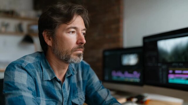 A thoughtful man gazes into the distance while seated in front of his computer workstation, showcasing a creative environment, ideal for themes of focus and inspiration.