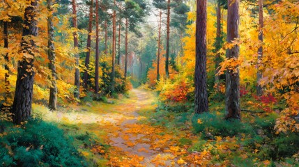 Obraz premium Serene Autumn Pathway Through Vibrant Forest with Golden Leaves Under Bright Sunlight in Tranquil Nature Scene
