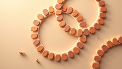 An overhead minimalist view of rounded earthy-colored tiles forming a loose spiral pattern on a soft sand-colored background.

