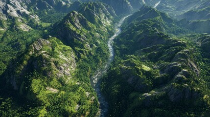 Majestic Aerial View of Lush Green Mountains and Serene River Flowing Through Vibrant Nature Landscape
