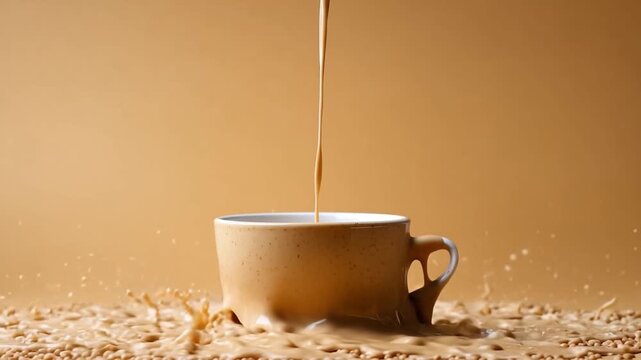 Liquid Cascade: A ceramic coffee cup is in the midst of a dramatic pour. A splash of coffee beans and brown backdrop add visual interest. A study in motion