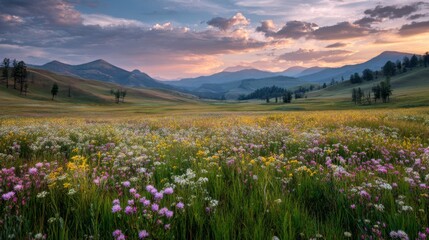 Serene Meadow Landscape at Sunset with Colorful Wildflowers and Majestic Mountains in Background