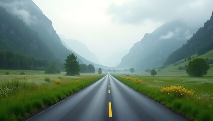 Naklejka premium Perfectly straight asphalt road running through a green valley flanked by tall grass, leading toward mist-covered mountain ridges under a cloudy sky.