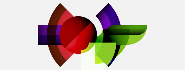 Obraz premium Abstract colorful design. Overlapping shapes create dynamic composition. Red sphere dominates central space, surrounded by green, purple hues.