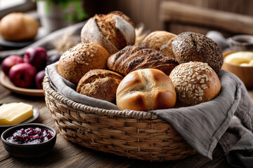 Assorted bread types including rye, brioche, and multigrain in a handwoven basket with linen cloth, placed on breakfast table