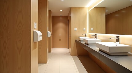 Fototapeta premium Modern public restroom with sinks and wood accents