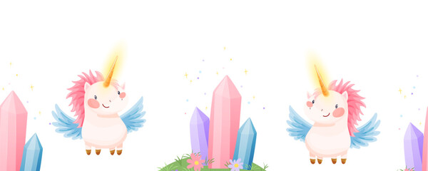 Seamless border featuring pink unicorn characters with wings and glowing horns, alongside colorful crystals. Suitable for childrens designs, digital projects and various prints