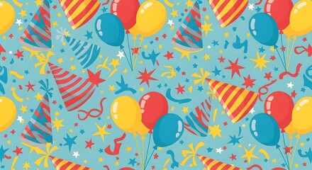 Happy birthday seamless pattern with colorful balloons and party hats