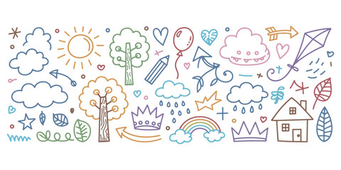 Colorful hand drawn doodle icons of nature weather and symbols on white background drawing