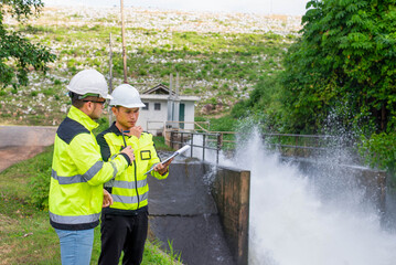 Expert dam engineers are working together to inspect the operation of a large dam's water release system to ensure it is still operating according to standards.