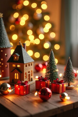 Miniature Christmas house with glowing lights, red gift boxes, baubles and fir trees on a wooden table. Cozy festive decor with warm holiday atmosphere and blurred bokeh lights