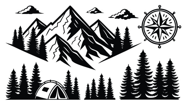 Majestic mountain peaks evergreen forest tent and compass mountains snow caps