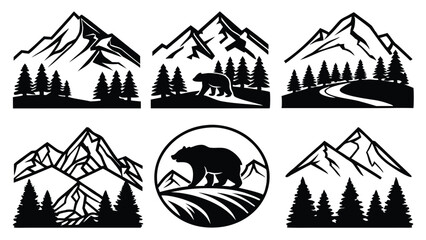 Obraz premium Majestic mountain range with evergreen trees and wildlife silhouettes mountains pine trees