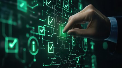 A hand touching a green glowing screen with checkmarks and circuit board patterns on a dark background