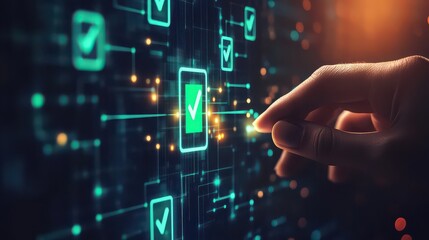 A hand interacting with a digital interface featuring green checkmarks and interconnected lines of data