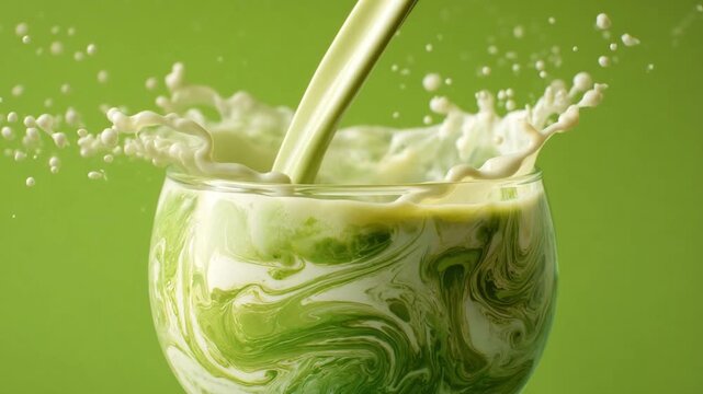 Matcha cascade in a glass: A vibrant display of matcha pouring into a glass, creating a dynamic splash against a solid background, captures the essence of refreshment.