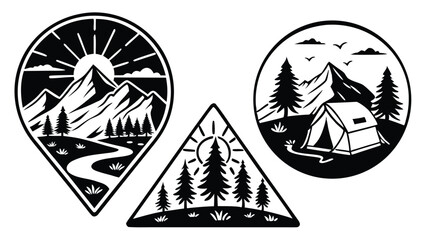 Mountain landscape icons with camping and sunrise scenes collection