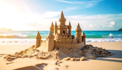 A magnificent sandcastle on a beach at sunrise
