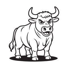 Cartoon Bull Illustration With An Angry Expression In Black And White Outline