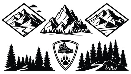 Mountain range forest path boot paw print bear silhouette trees pine trees