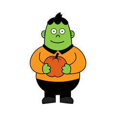 Friendly green monster holding a pumpkin for halloween