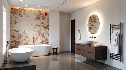 Sophisticated bathroom with freestanding tub and floral wallpaper