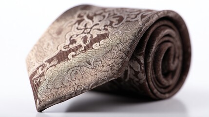 Rolled brown and beige silk tie with an intricate damask pattern, exhibiting a subtle ombre effect, photographed on a clean white background