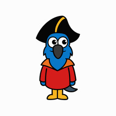 Cute cartoon blue parrot pirate standing and smiling