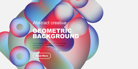 Abstract geometric shapes overlap, creating vibrant colorful background. Text promotes further exploration. Simple design.