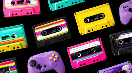 Fototapeta premium Colorful Retro Cassette Tapes and Gamepad on Black Background - Vibrant 80s and 90s Nostalgia