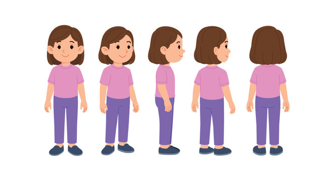 Flat Casual Little Cartoon Girl Character Turnaround Sheet &ndash; Front, Side, and Back Views in Casual Outfit (Pink Shirt and Purple Pants)