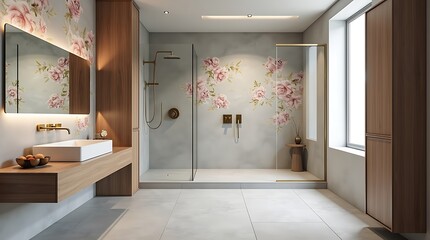 Fototapeta premium Modern bathroom with floral wallpaper and floating vanity