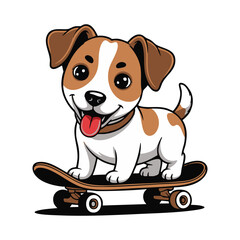 Cartoon Jack Russell Terrier Dog Riding Skateboard Isolated On White Background Fun Animal Design