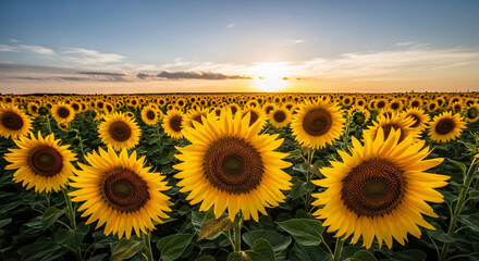 Fototapeta premium Vibrant Sunflower Field at Sunset with Golden Petals and Dark Centers.