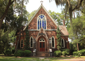 Fototapeta premium Gothic style red brick church surrounded by trees captured from street