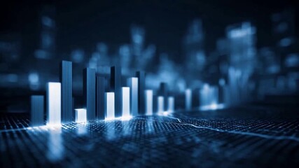 Data Visualization: A close-up shot of luminous digital bar graphs, representing data analysis and trends, with a futuristic glowing blue background. - Powered by Adobe