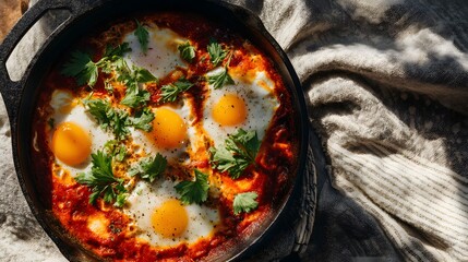 Top-down view of shakshuka in cast iron pan with poached eggs in spicy tomato sauce.
