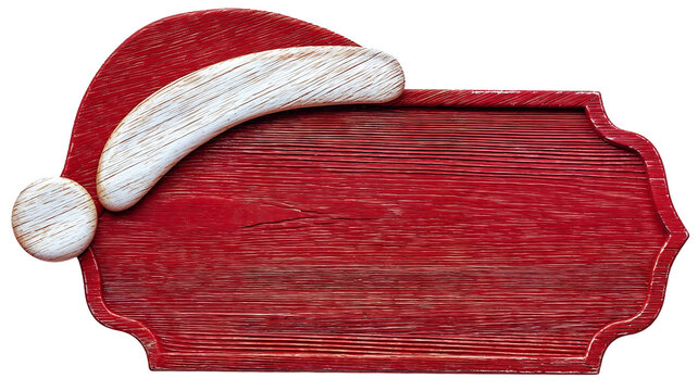 Empty red wooden sign board with Santa Claus hat in corner, perfect for holiday greetings, Christmas messages or festive announcements on white background
